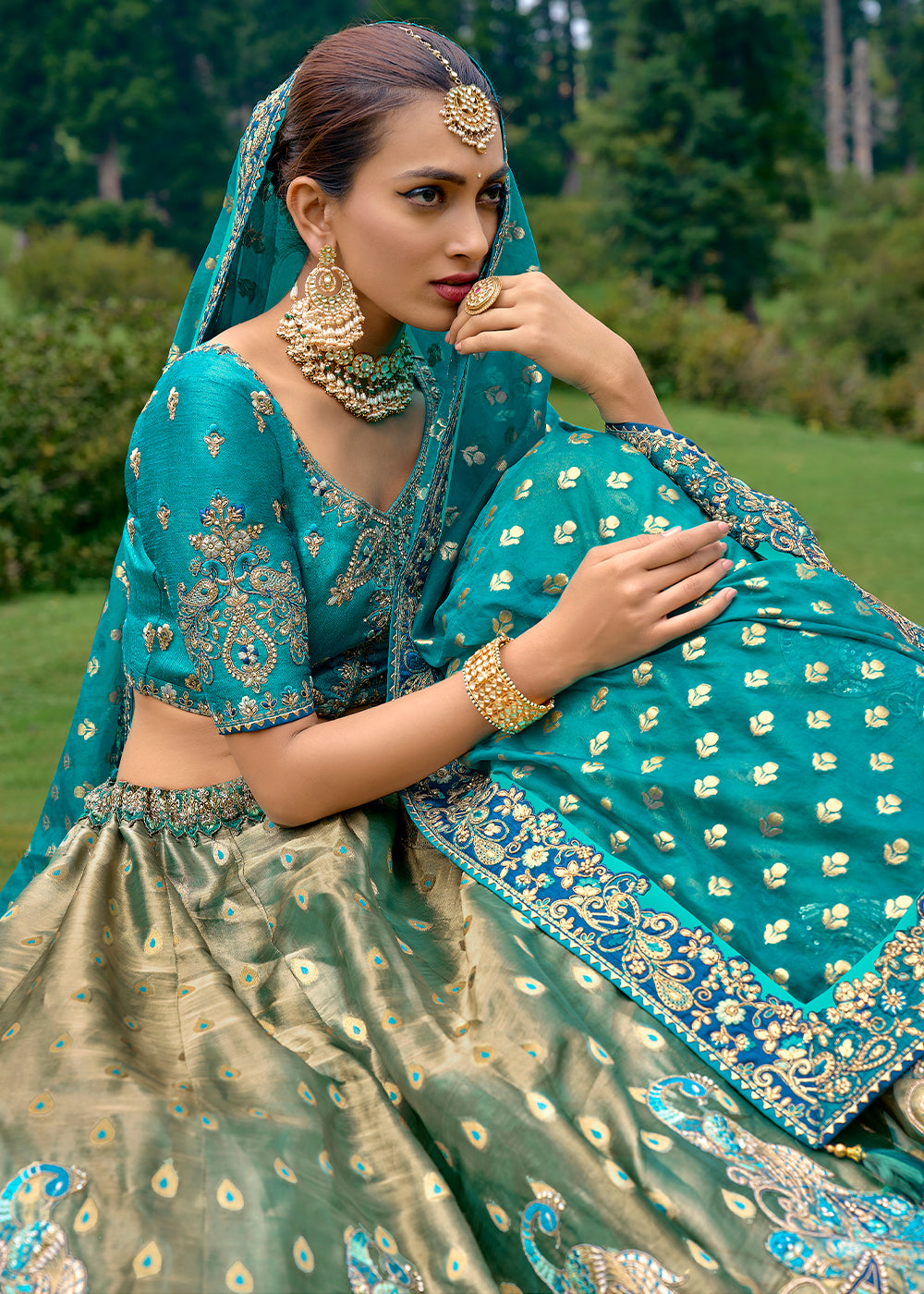 Opulent Gold & Blue Dola Silk lehenga with Stone,Thread,Resham & Heavy Embroidery work