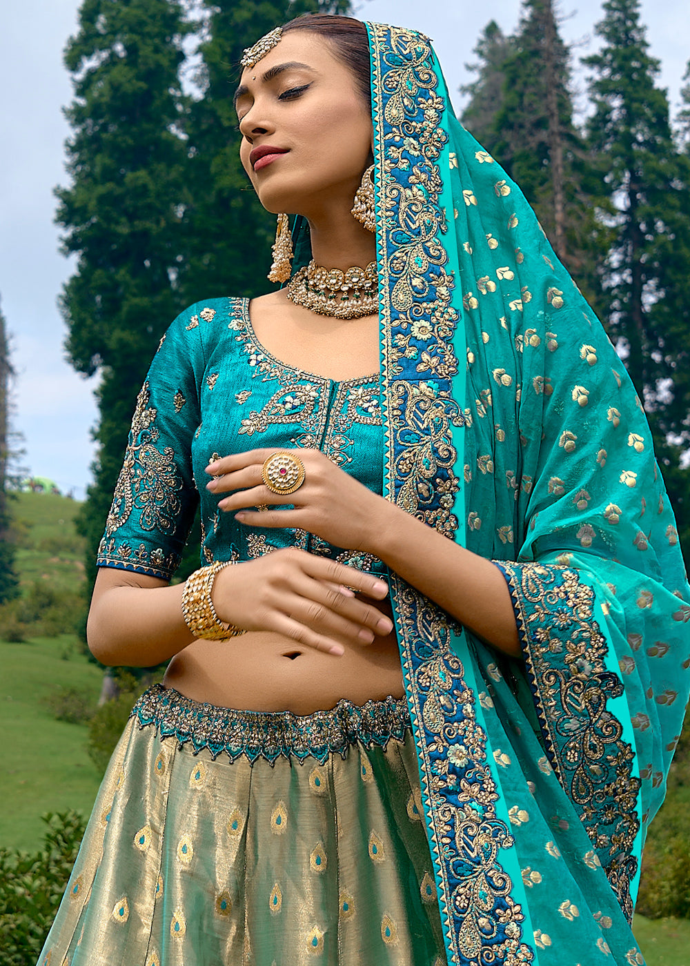 Opulent Gold & Blue Dola Silk lehenga with Stone,Thread,Resham & Heavy Embroidery work