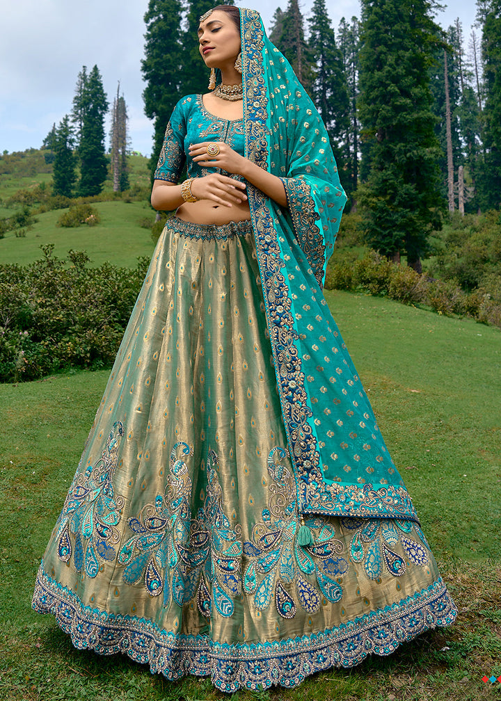 Opulent Gold & Blue Dola Silk lehenga with Stone,Thread,Resham & Heavy Embroidery work