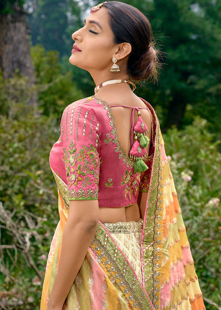 White & Pink Georgette Silk lehenga with Stone,Thread,Resham & Heavy Embroidery work