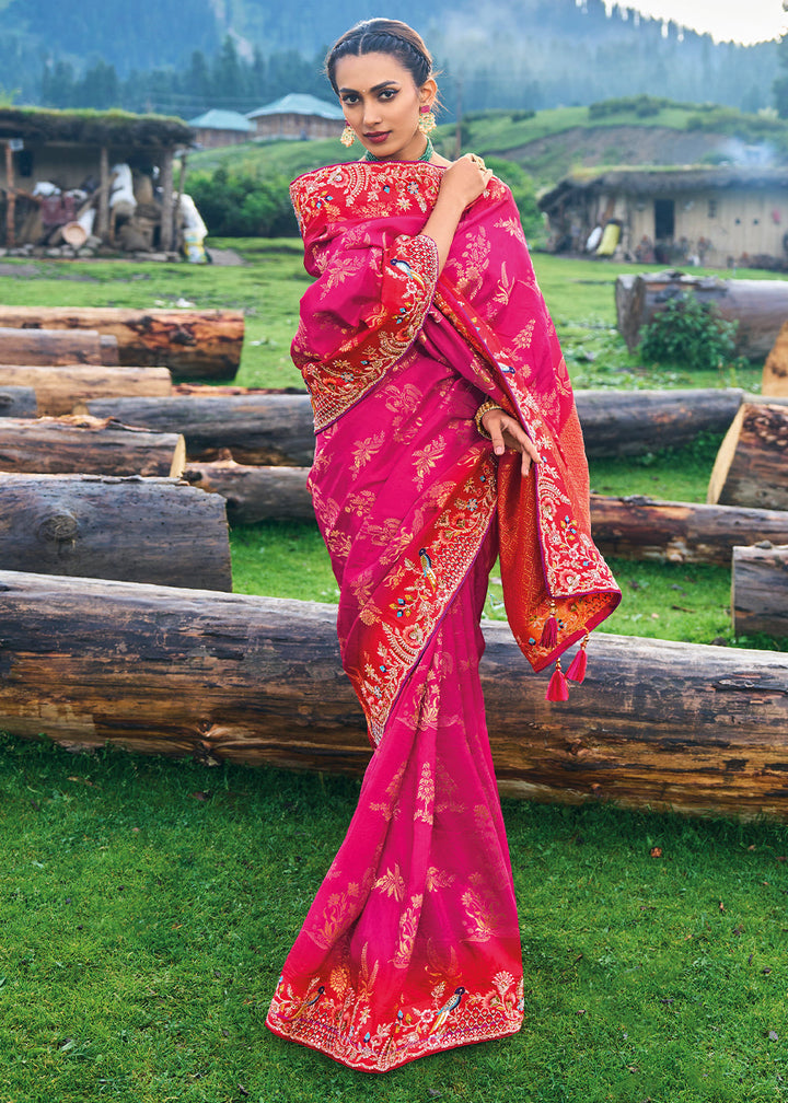 Magenta Pink Dola Silk Saree with Heavy Embroidery work