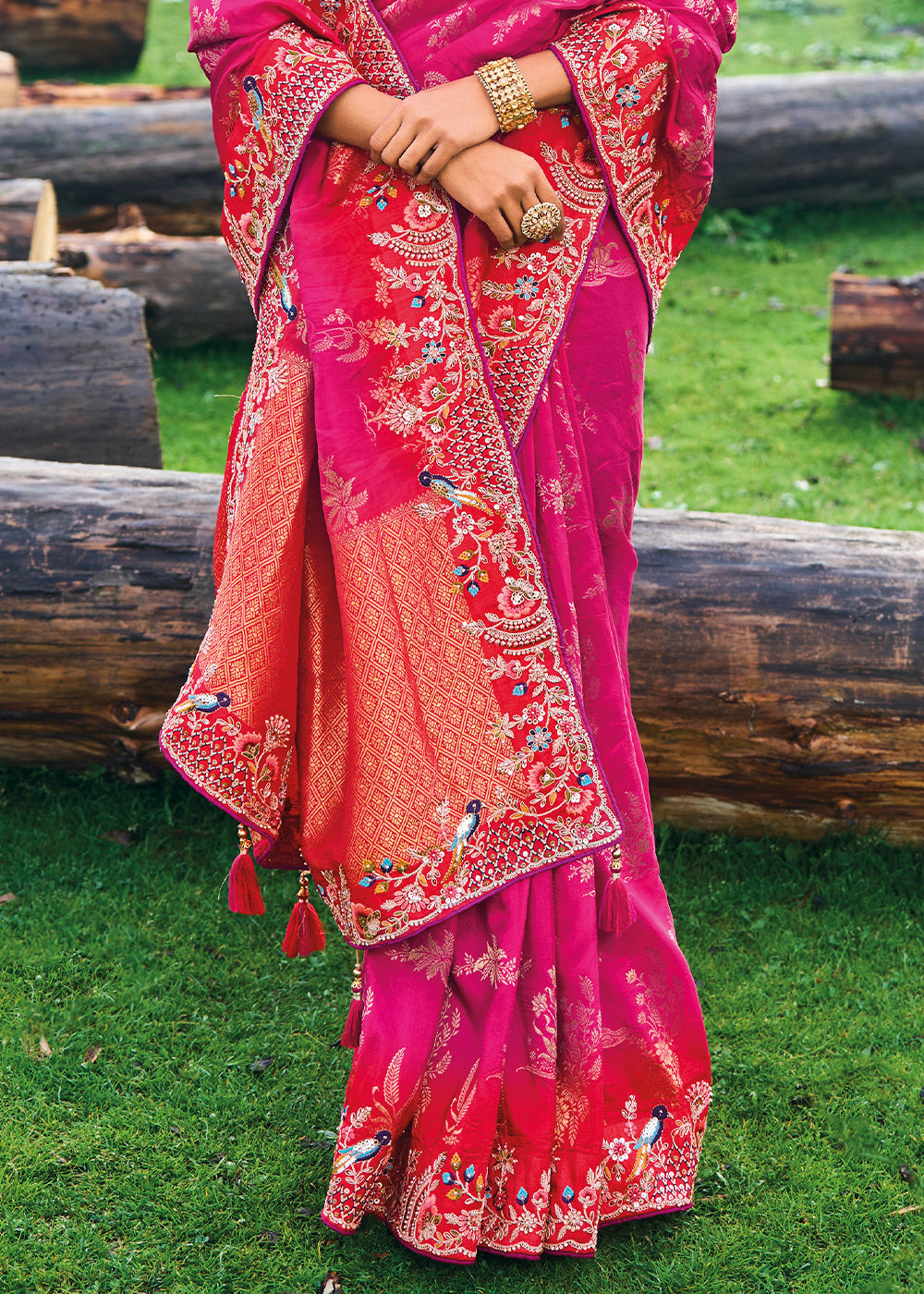 Magenta Pink Dola Silk Saree with Heavy Embroidery work