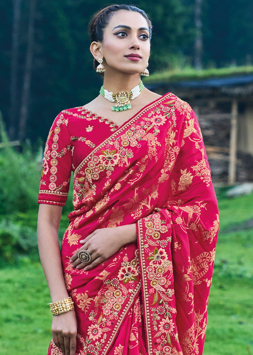 Cerise Pink Dola Silk Saree with Heavy Embroidery work (Pre-Order)