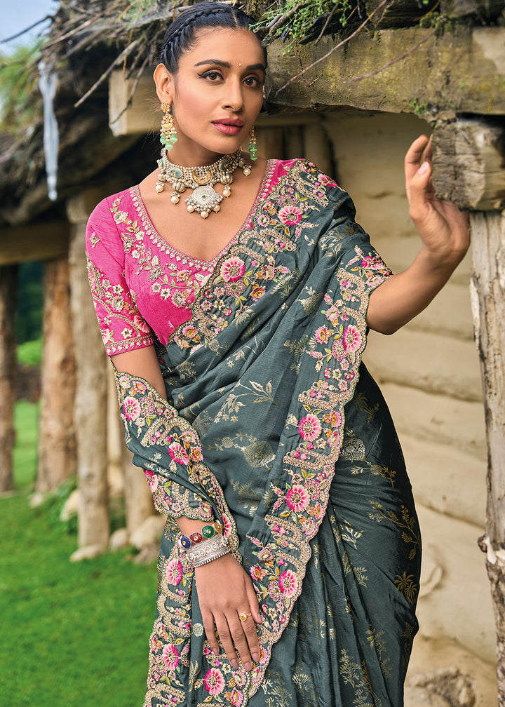 Mid Grey Dola Silk Saree with Heavy Embroidery work