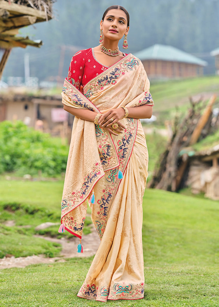 Beige Brown Dola Silk Saree with Heavy Embroidery work