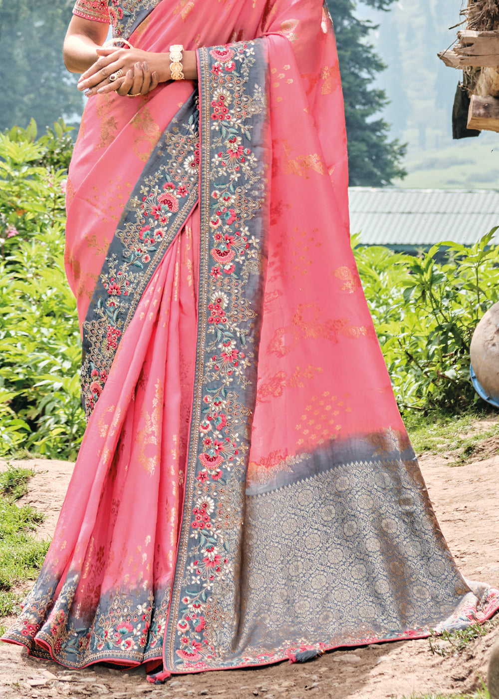 Light Punch Pink Dola Silk Saree with Heavy Embroidery work