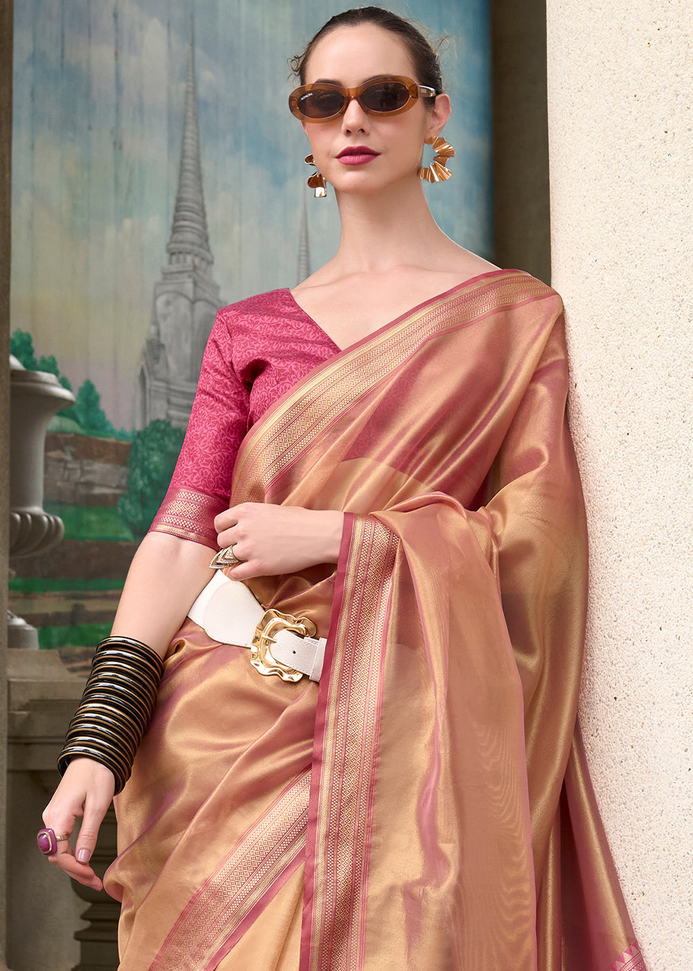 Light Brown & Pink Zari Woven Tissue Silk Saree