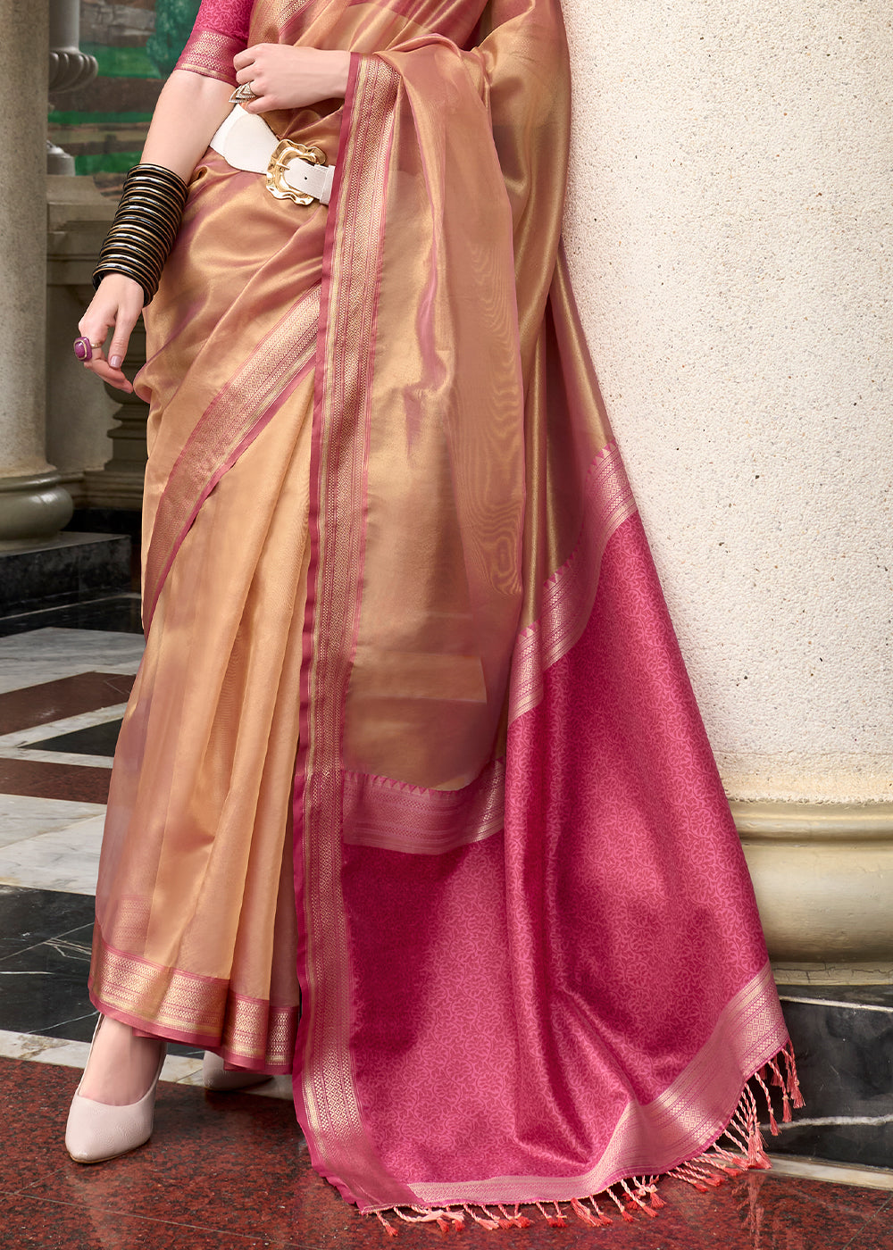 Light Brown & Pink Zari Woven Tissue Silk Saree