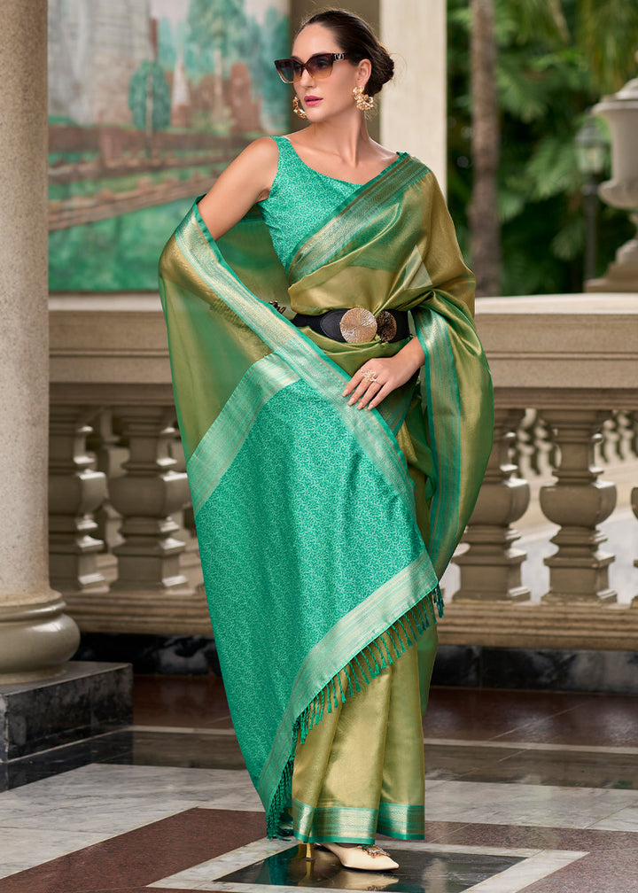 Shades Of Green Zari Woven Tissue Silk Saree