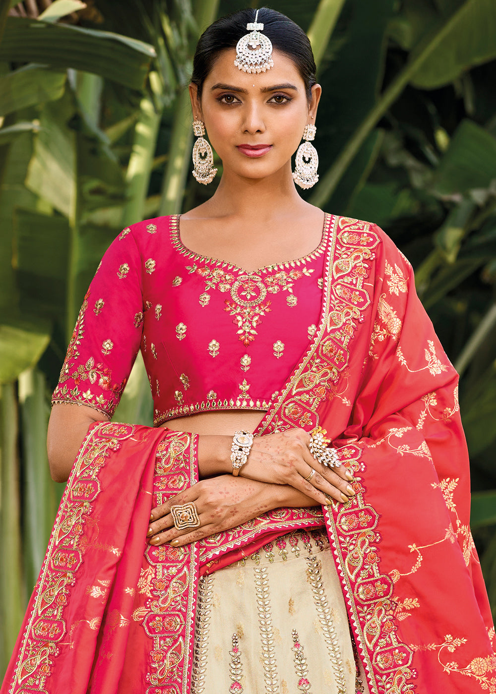 Daisy White & Pink Banarasi Silk Lehenga Choli with Embroidery,Sequence & Weaving work