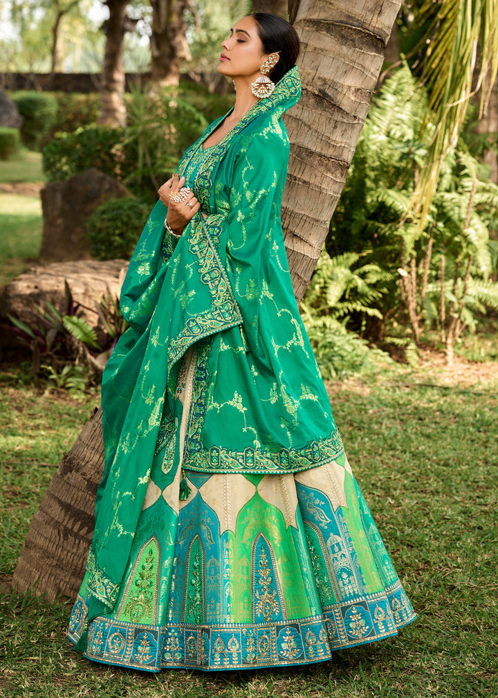 Blue & Green Banarasi Silk Lehenga Choli with Embroidery,Sequence & Weaving work