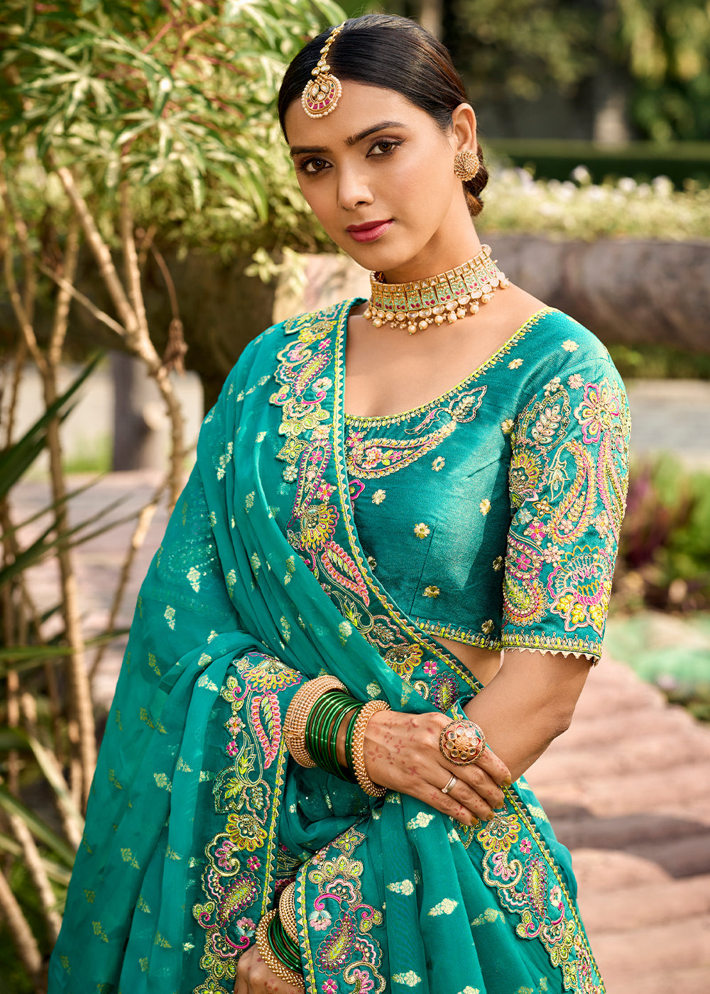 Bondi Blue Crepe Georgette Lehenga with Embroidery, Thread work & Jacquard Butti all over