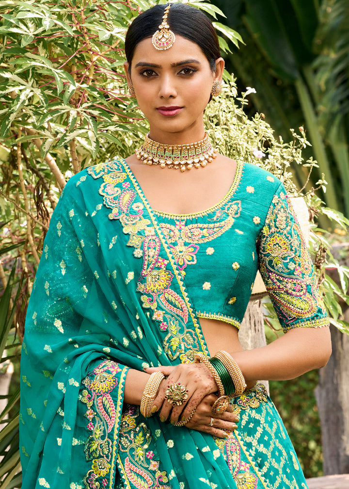 Bondi Blue Crepe Georgette Lehenga with Embroidery, Thread work & Jacquard Butti all over