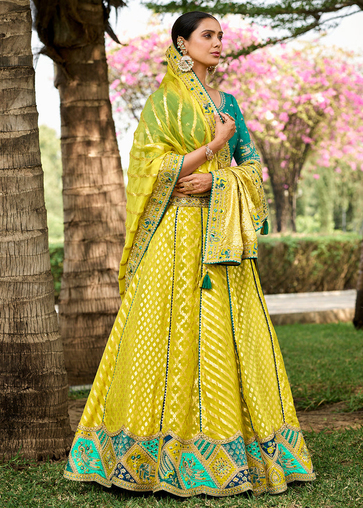 Lemon Yellow Crepe Georgette Lehenga with Embroidery, Thread work & Jacquard Butti all over