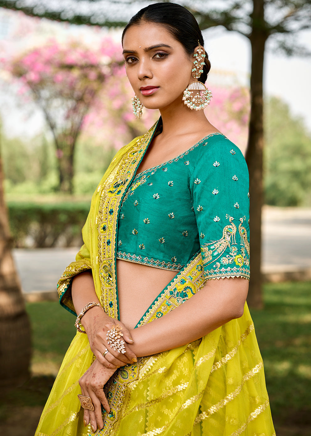 Lemon Yellow Crepe Georgette Lehenga with Embroidery, Thread work & Jacquard Butti all over