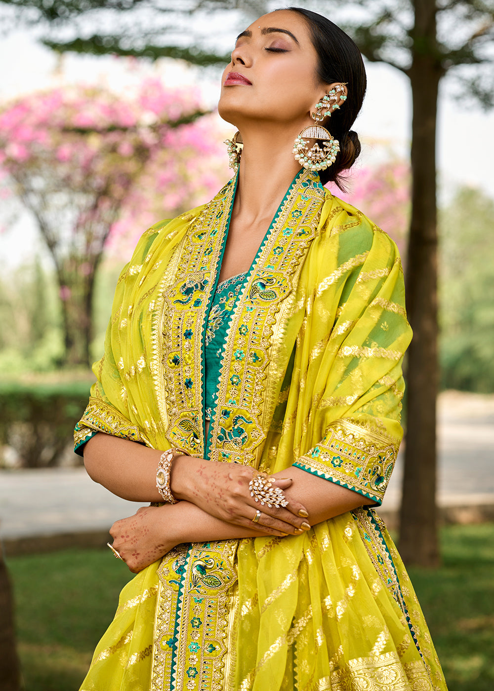 Lemon Yellow Crepe Georgette Lehenga with Embroidery, Thread work & Jacquard Butti all over