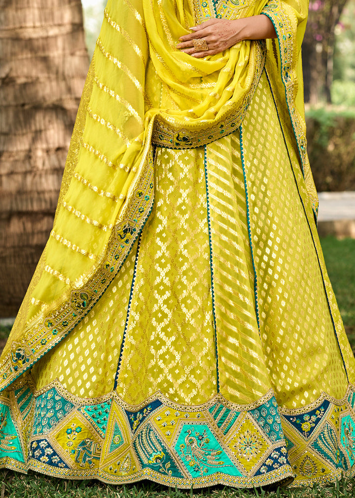 Lemon Yellow Crepe Georgette Lehenga with Embroidery, Thread work & Jacquard Butti all over