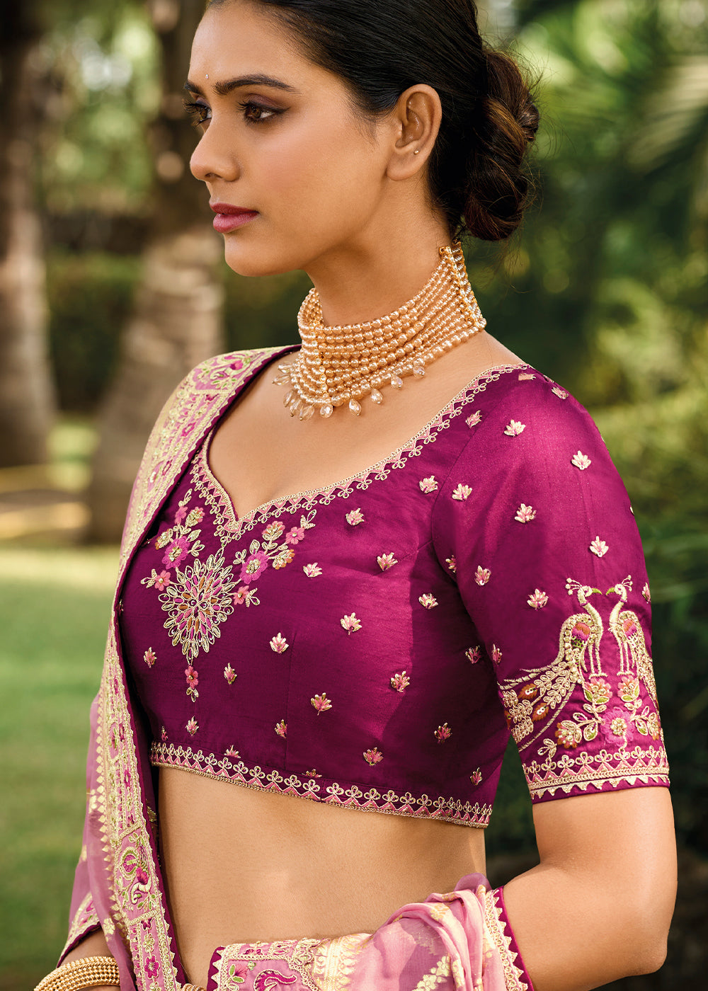 Shades Of Purple Crepe Georgette Lehenga with Embroidery, Thread work & Jacquard Butti all over