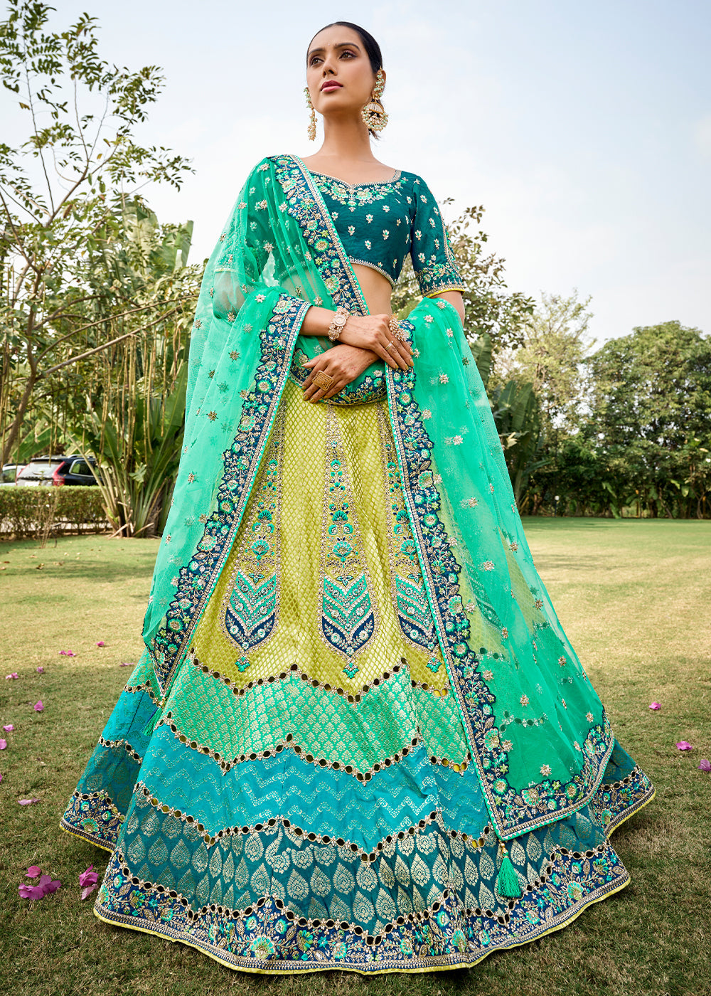 Shades Of Blue Crepe Georgette Lehenga with Embroidery, Thread work & Jacquard Butti all over