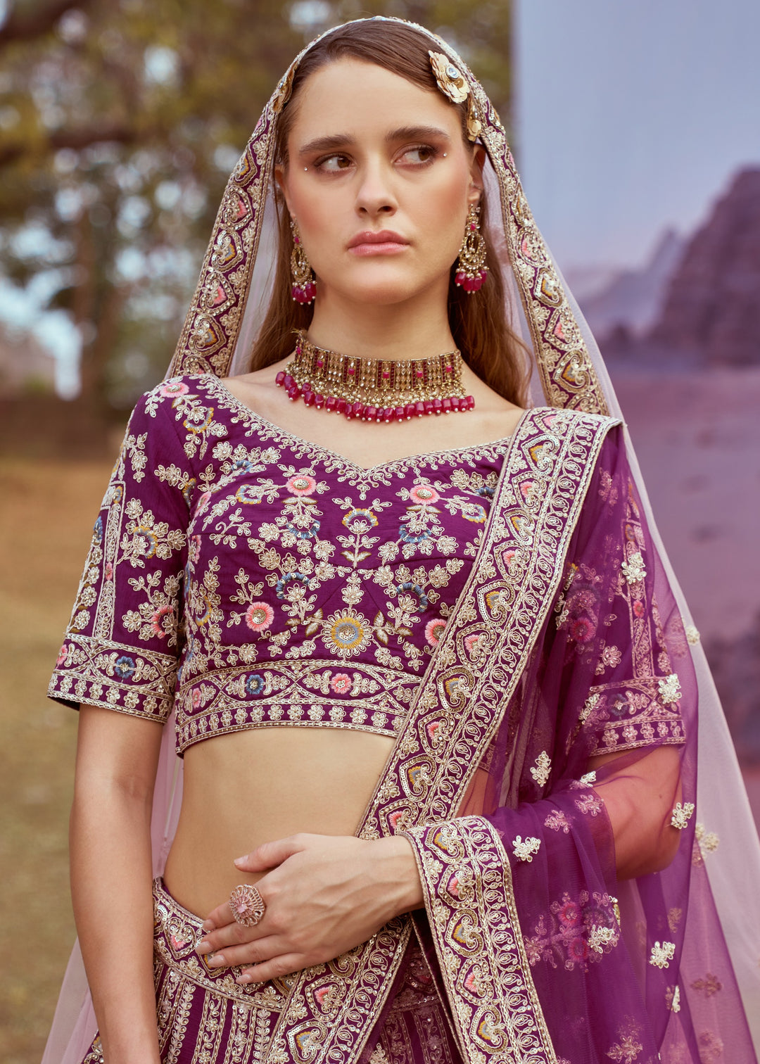 Purple Pure Silk Moti Coding Embroidery Bridal Lehenga