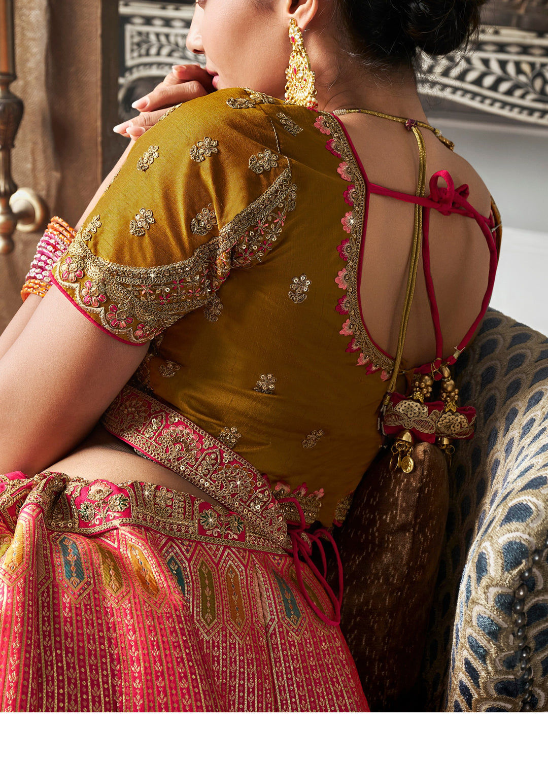 Mustard Yellow & Orange Banarasi Silk Lehenga with Zarkan Codding work