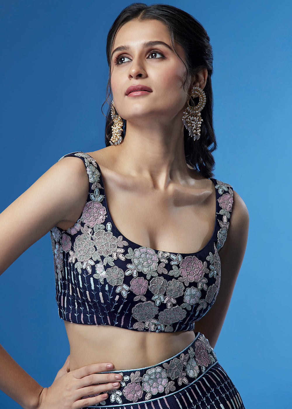 Navy Blue Georgette Multi Sequins Lehenga Choli