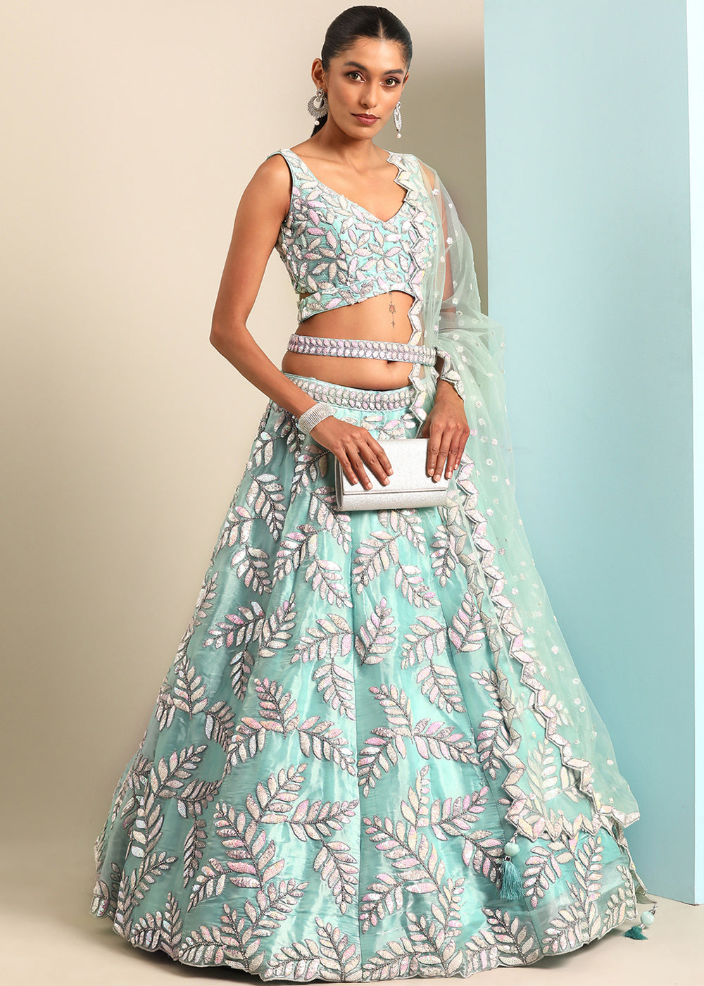 Turquoise Blue Organza Lehenga Choli with Sequins & Zarkan Embroidery work