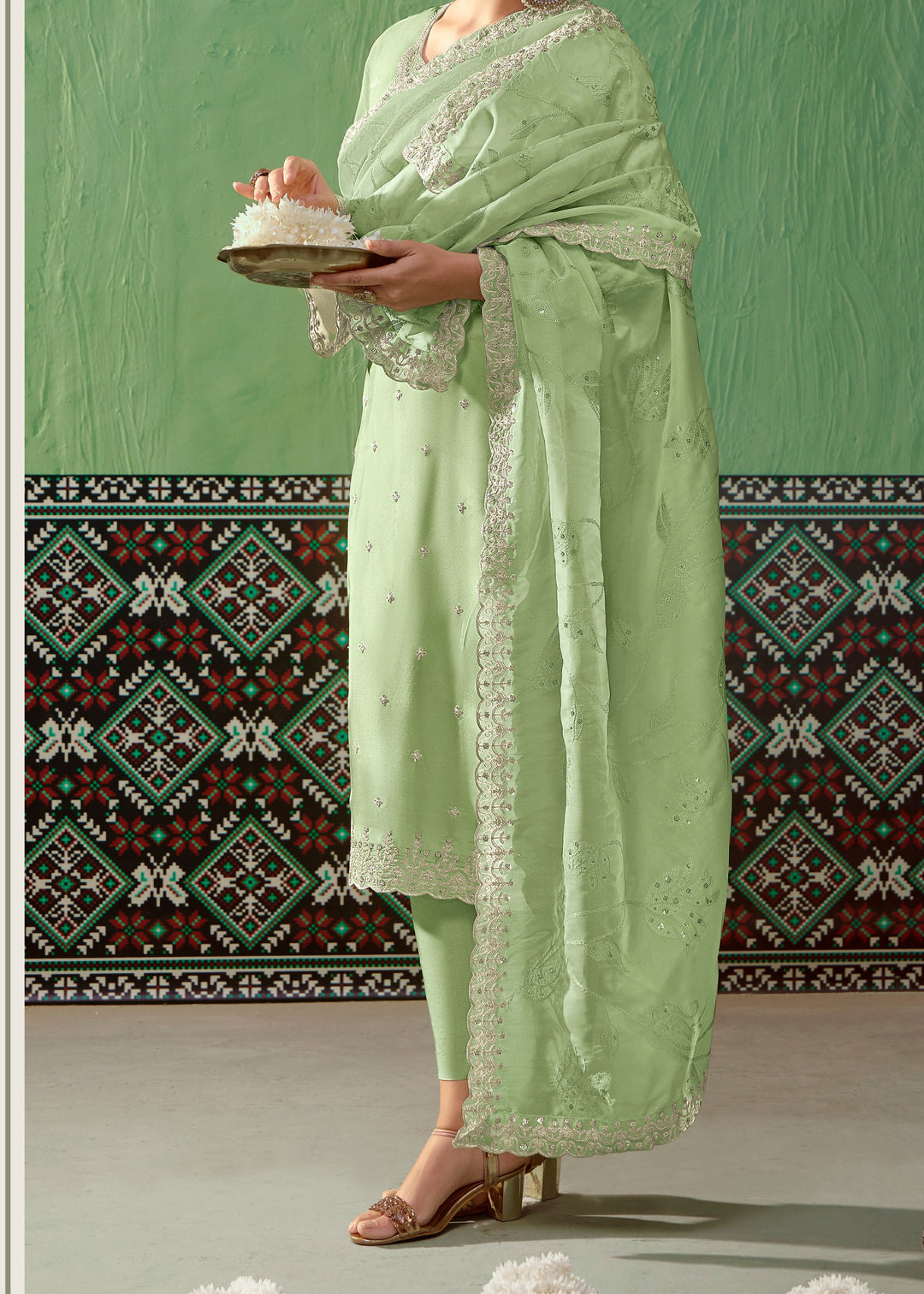 Green Pure Bamber Silk with Embroidery Salwar Suit