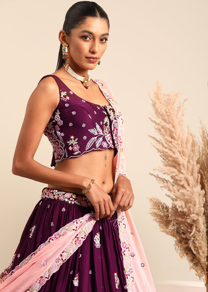 Jam Purple Georgette Lehenga Choli with Sequins & Thread Embroidery work