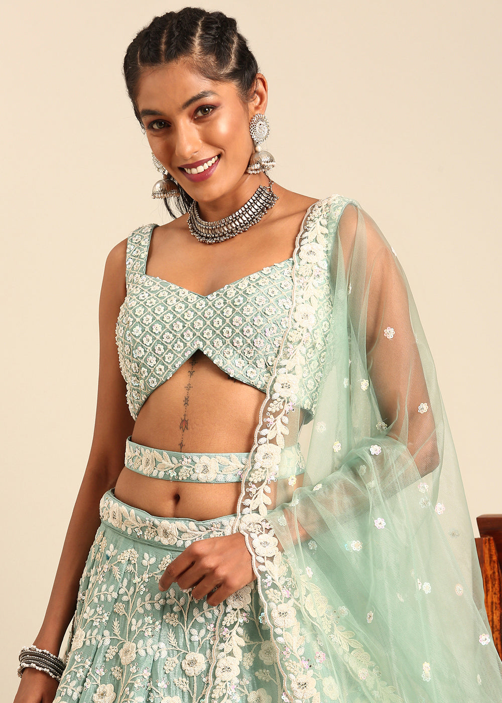 Emerald Green Georgette lehenga Choli with Sequins & Zarkan Embroidery