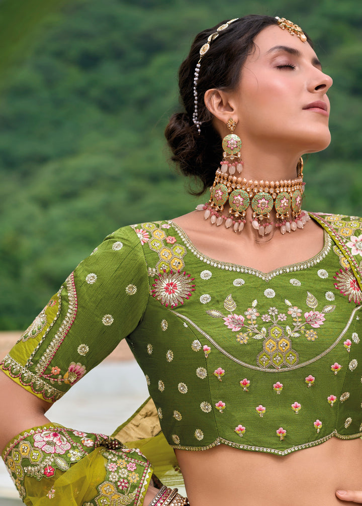 Moss Green and Yellow Viscose Tissue Lehenga Choli with Embroidery Work