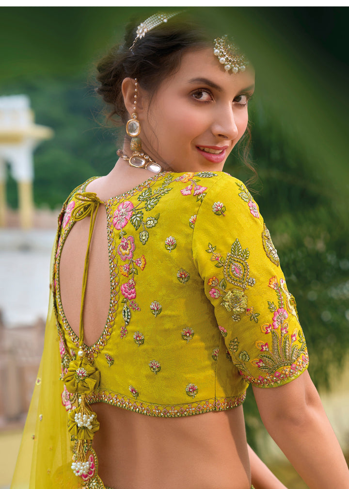 Cadmium Yellow and Green Viscose Tissue Lehenga Choli with Embroidery Work