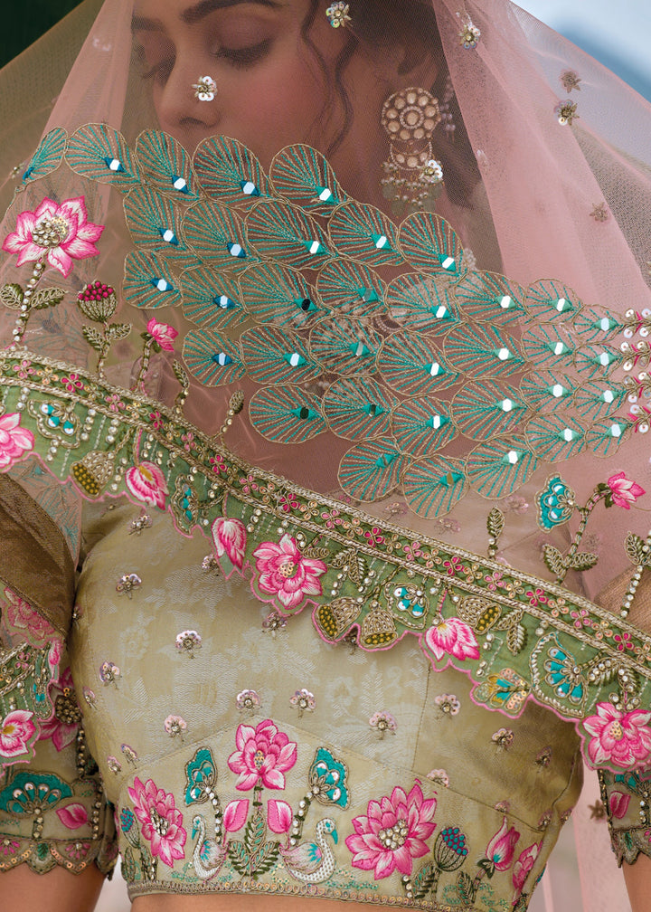 Pista Green and peach Viscose Tissue Lehenga Choli with Embroidery Work (PRE-ORDER)