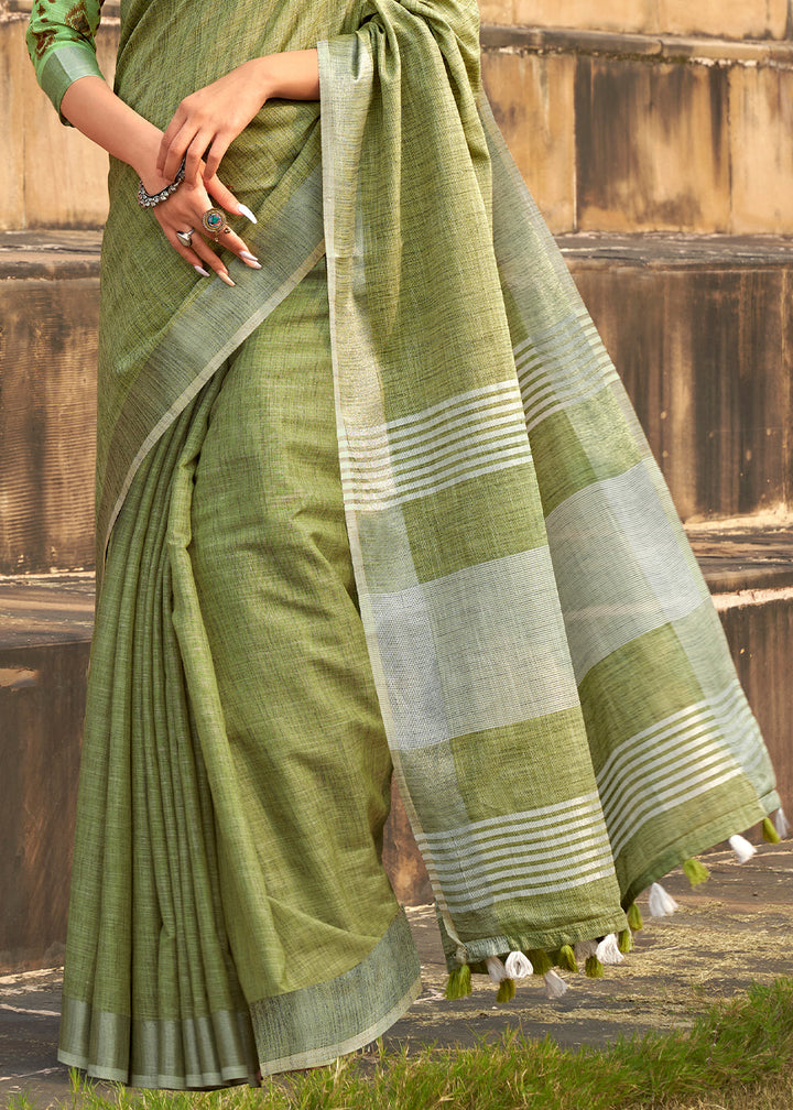 Lime Green Soft Linen Silk Saree with Khadi Print and  Tassels on Pallu