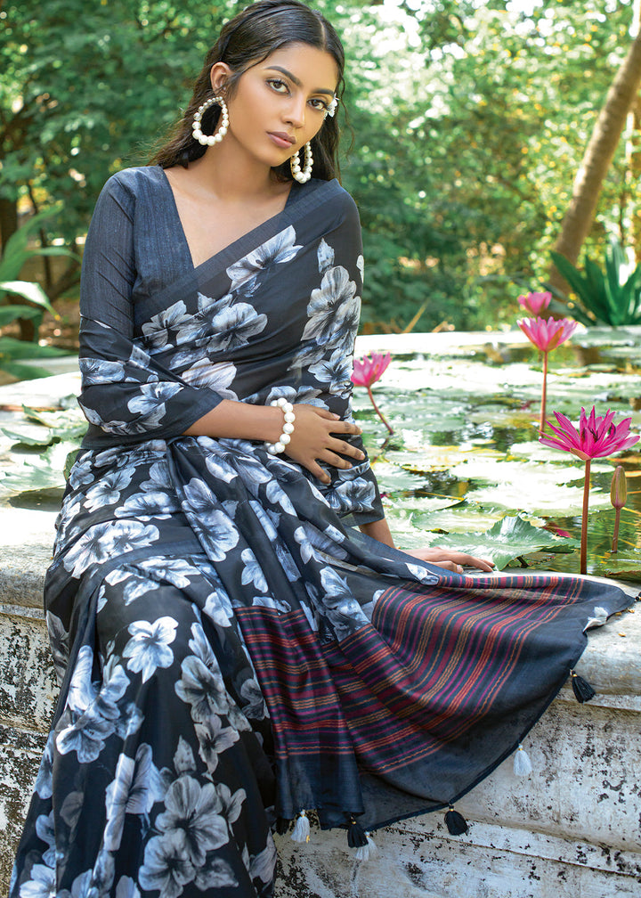 Spruce Blue Floral Printed Silk Saree