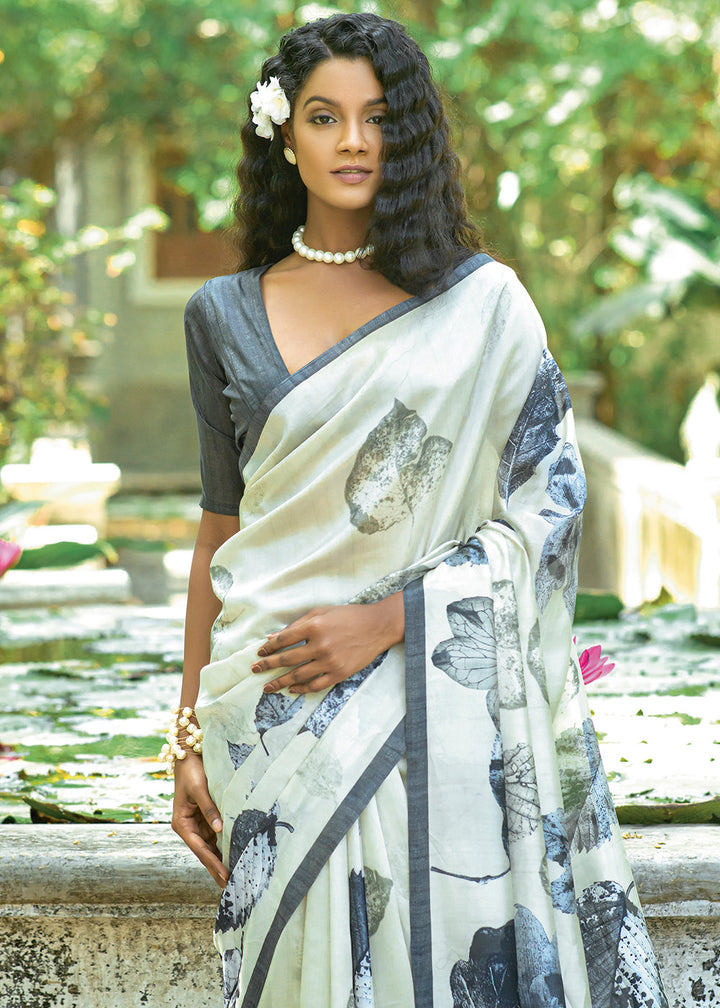 Rice White Floral Printed Silk Saree