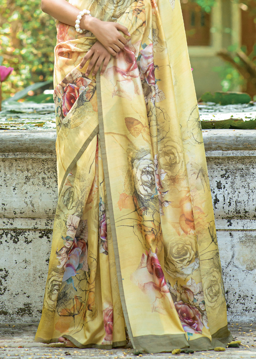 Blonde Yellow Floral Printed Silk Saree