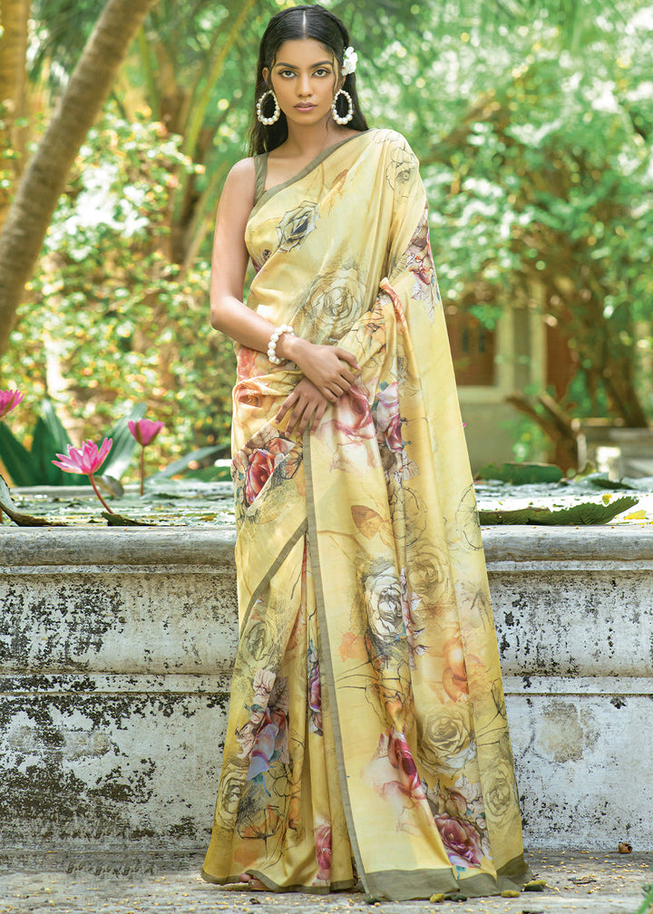 Blonde Yellow Floral Printed Silk Saree