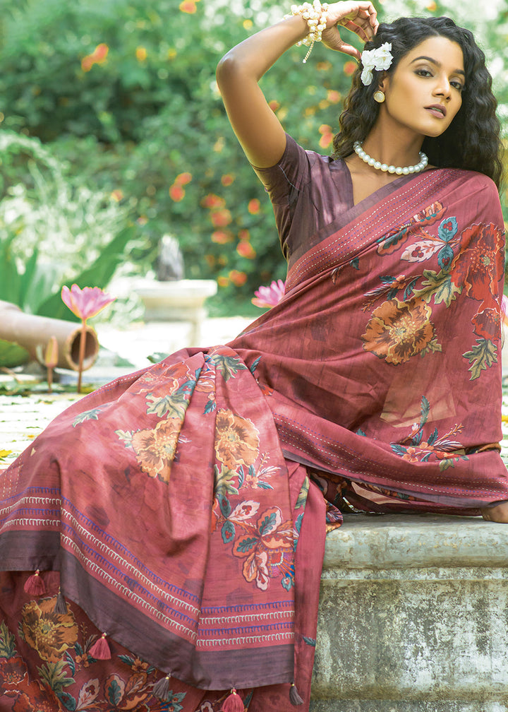 Red Purple Floral Printed Silk Saree