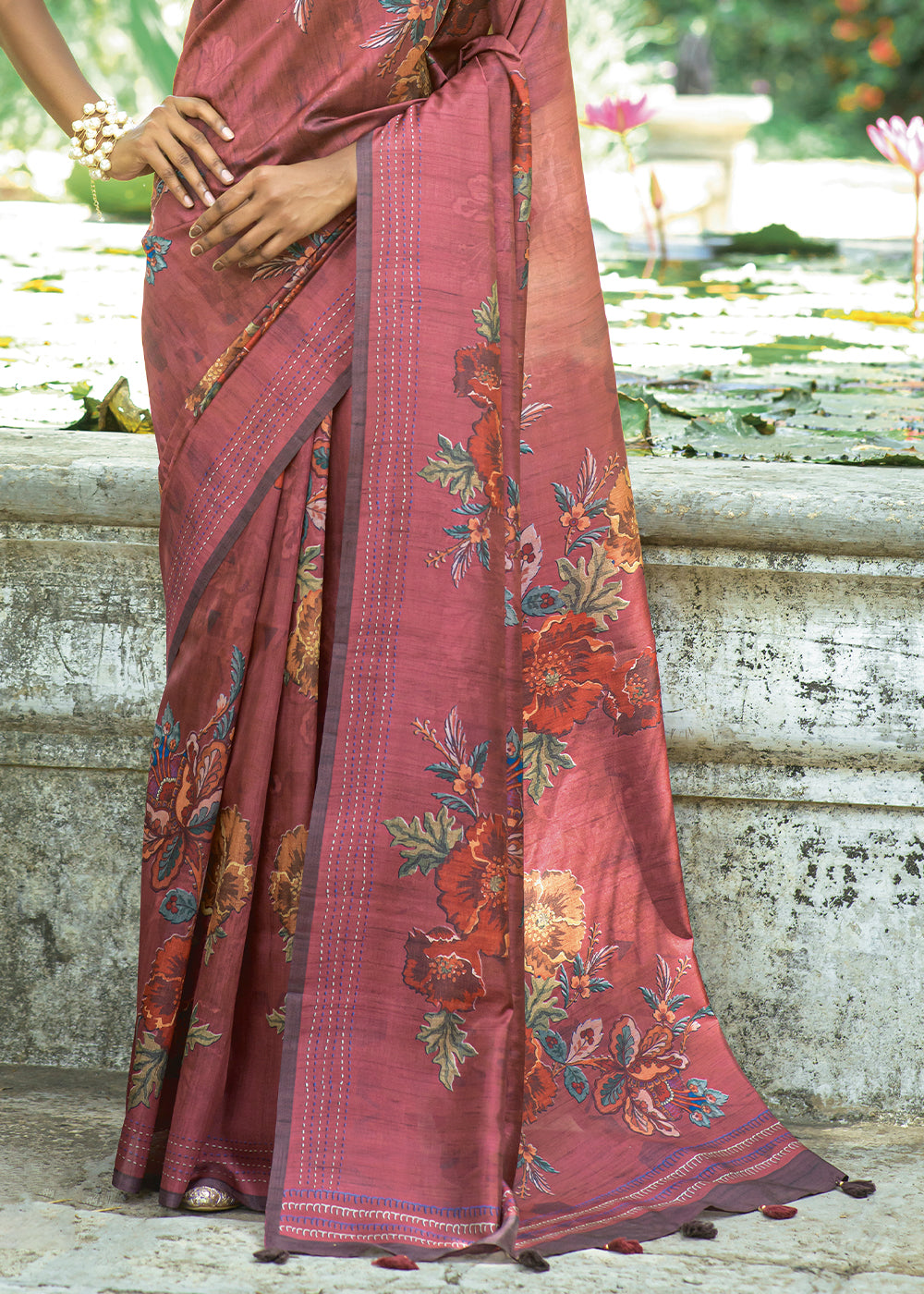 Red Purple Floral Printed Silk Saree