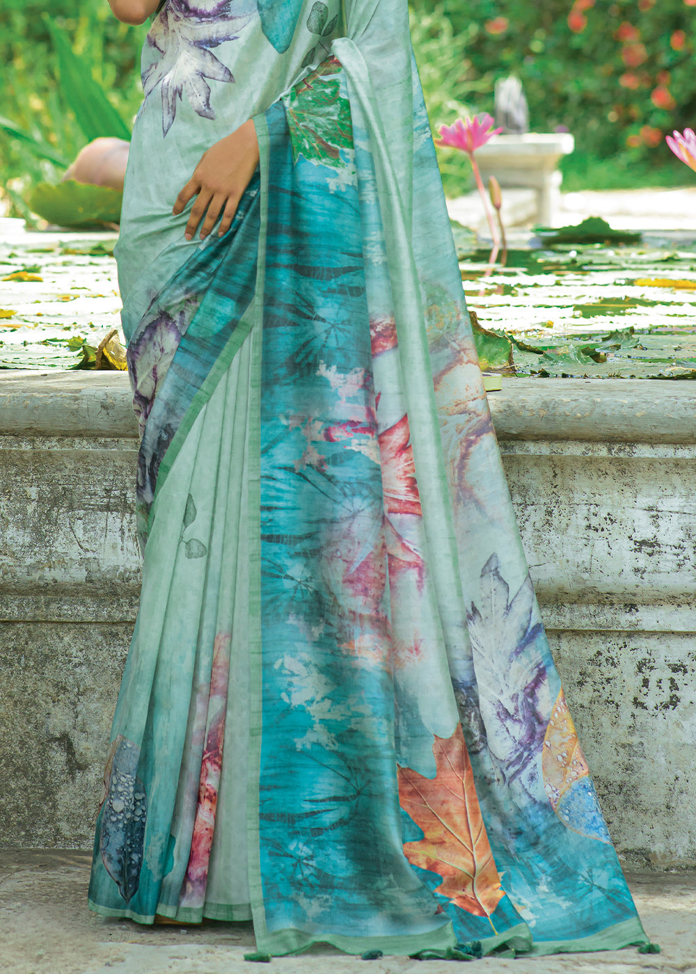 Shades Of Blue Floral Printed Silk Saree