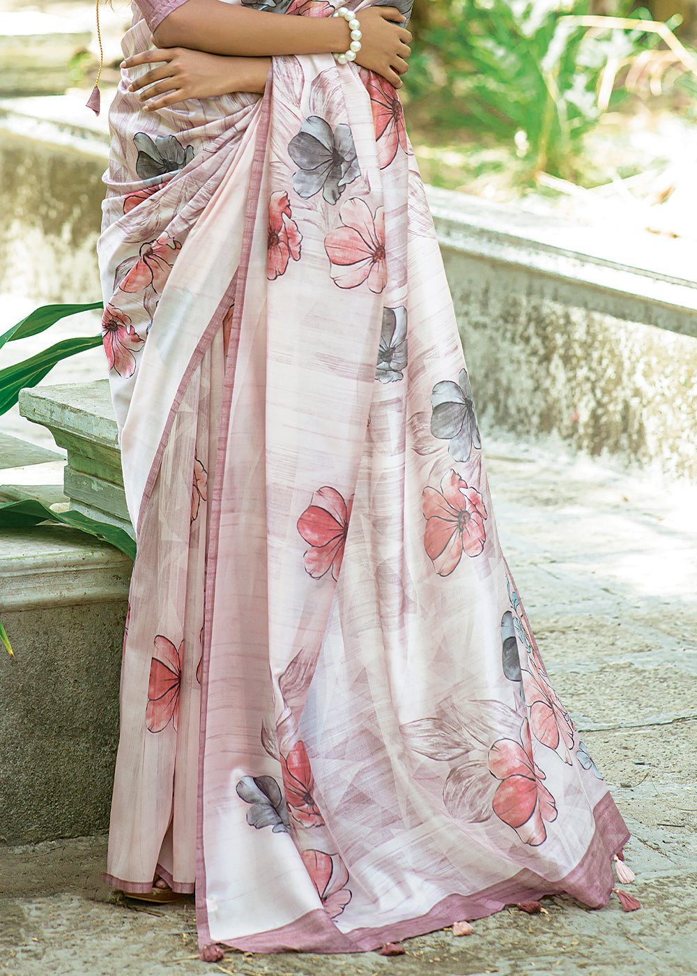 Pearl White Floral Printed Silk Saree