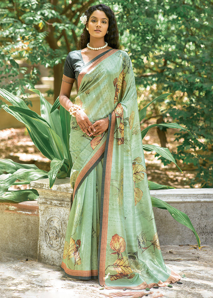 Tea Green Floral Printed Silk Saree