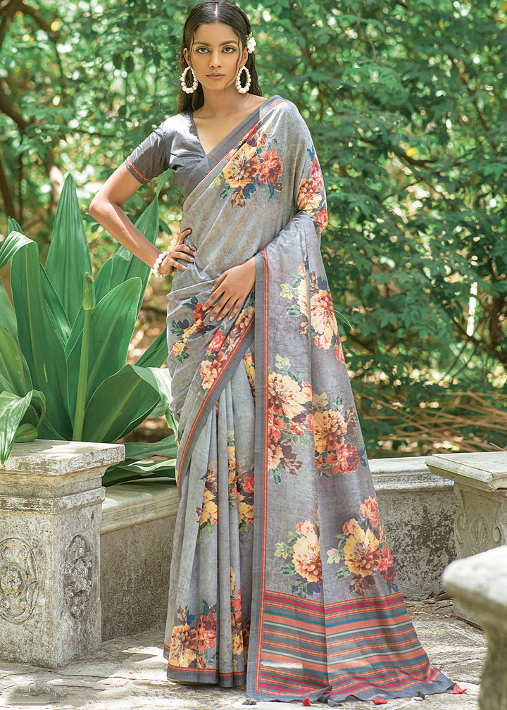 Light Grey Floral Printed Silk Saree