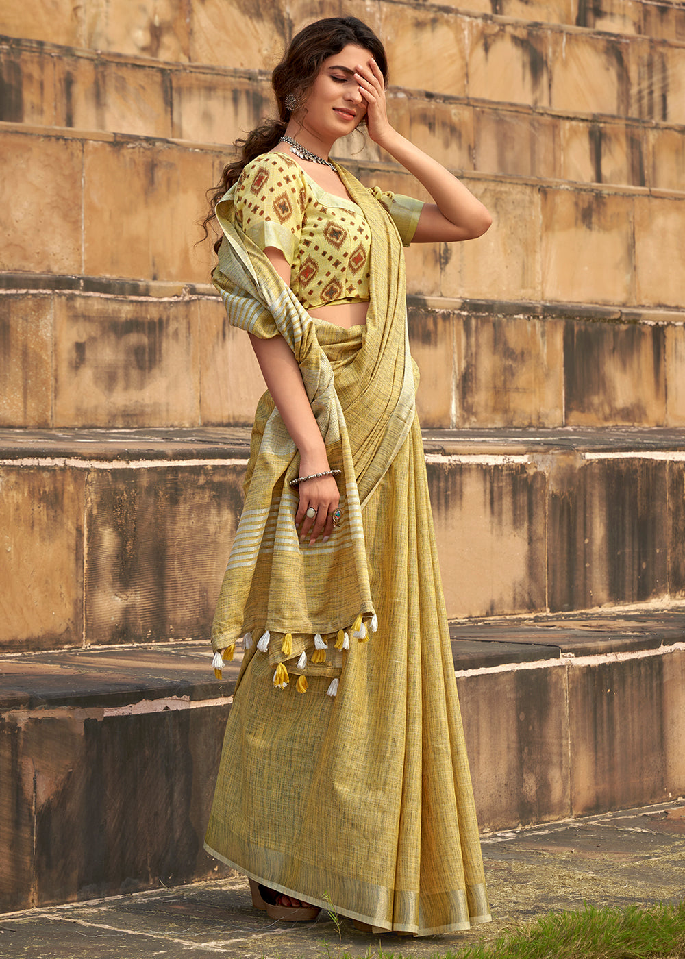 Royal Yellow Soft Linen Silk Saree with Khadi Print and  Tassels on Pallu