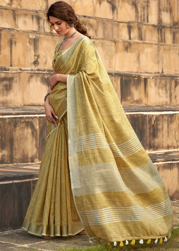 Royal Yellow Soft Linen Silk Saree with Khadi Print and  Tassels on Pallu