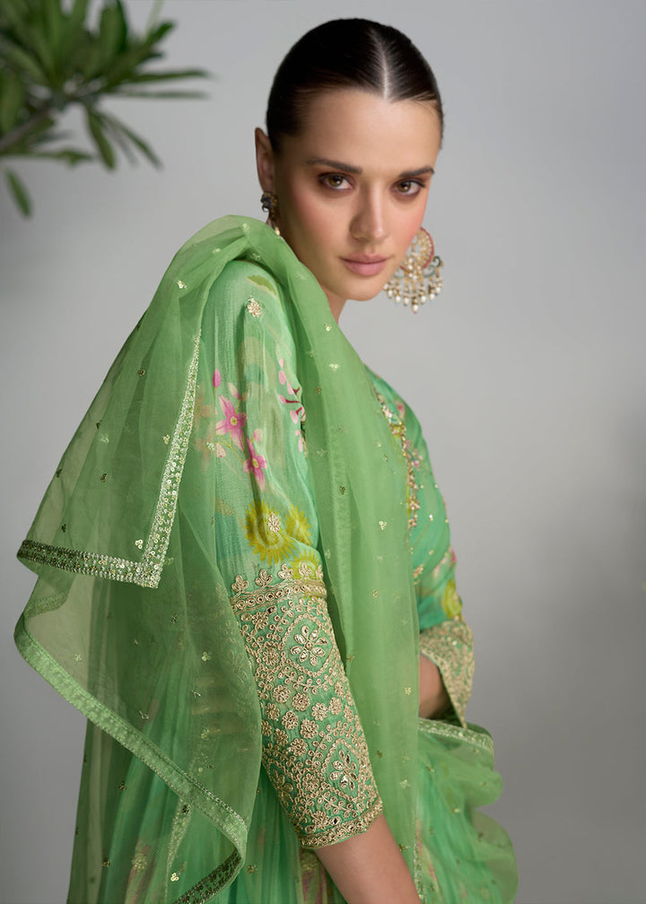 Pastel Green Digital Floral Printed Chinon Anarkali Suit with Embroidery work