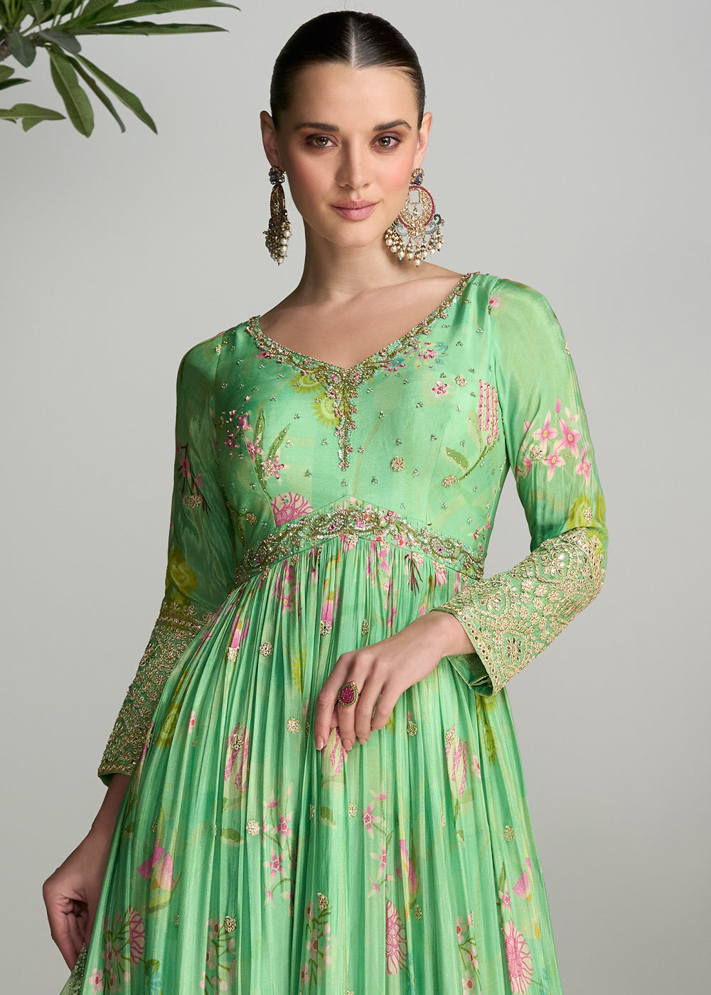 Pastel Green Digital Floral Printed Chinon Anarkali Suit with Embroidery work