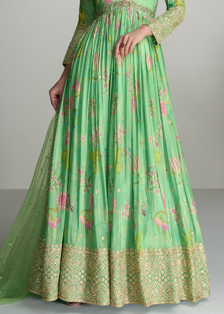 Pastel Green Digital Floral Printed Chinon Anarkali Suit with Embroidery work