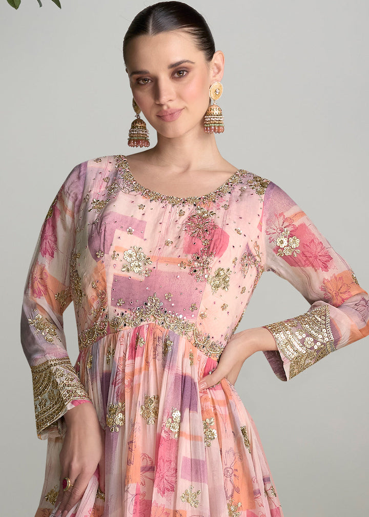 Shades Of Pink Digital Floral Printed Chinon Anarkali Suit with Embroidery work